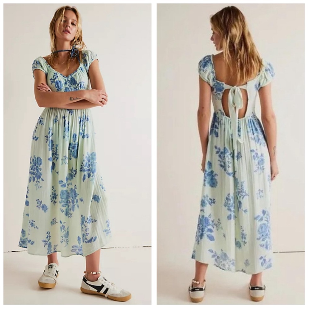 Free People Pale Green Midi Dress with Blue Floral Print